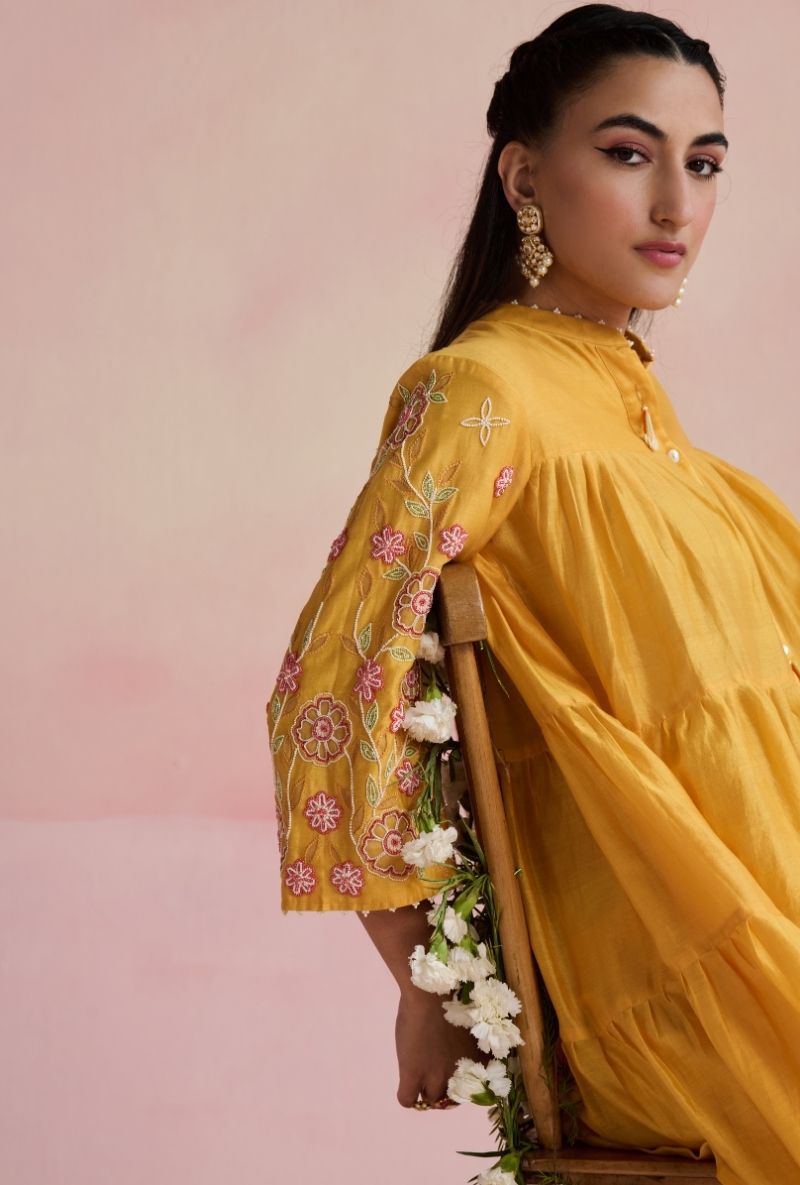 Yellow Embroidered Sleeves A Line Amara Kurta Set