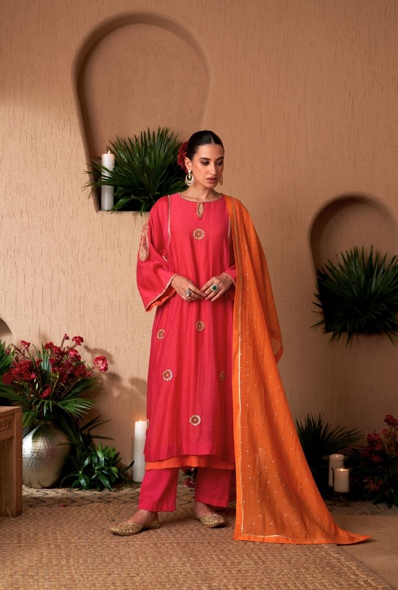 Rani Pink Contrast Lining Square Sleeve Naveli Kurta Set