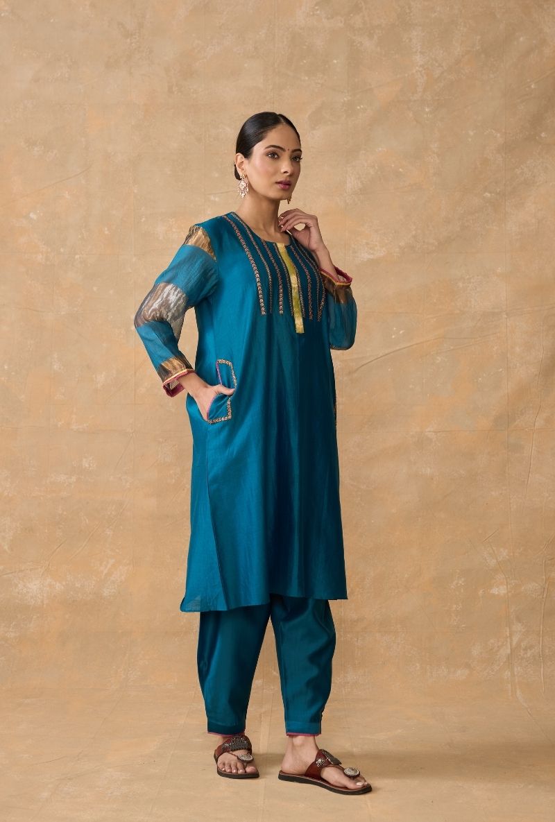 Teal Blue Side Panel Ruhi 2.0 Kurta Set