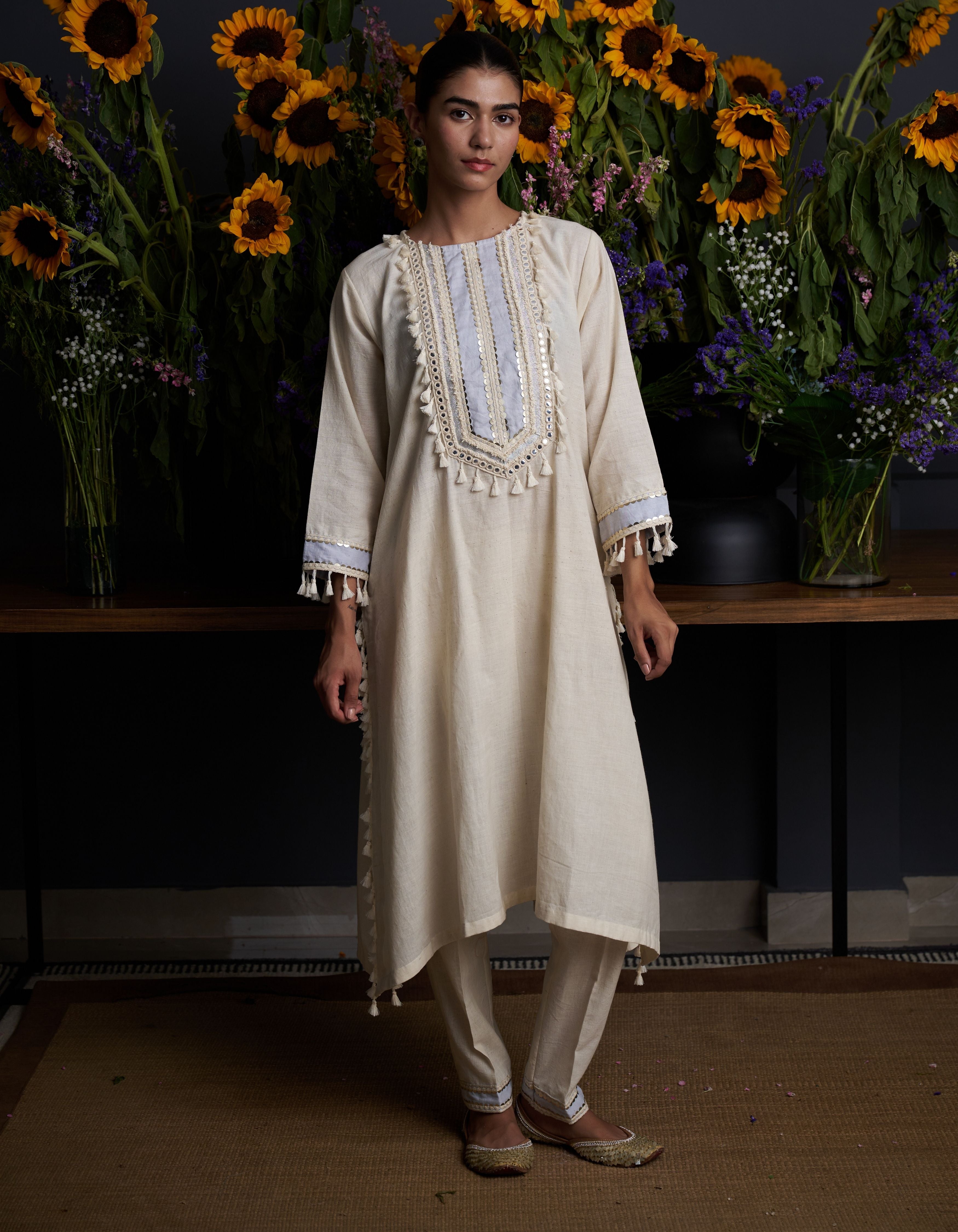 Beige Long Mirror Work Yoke Kavya Nadia Kurta Set