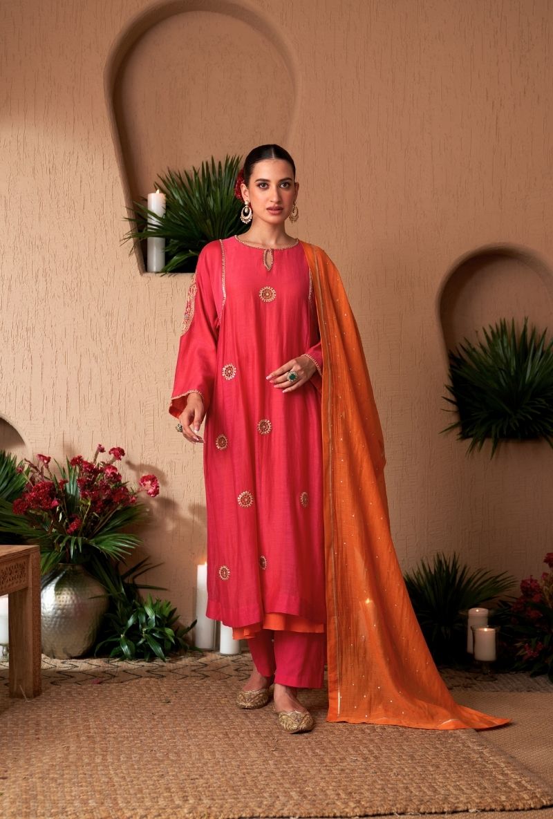 Rani Pink Contrast Lining Square Sleeve Naveli Kurta Set