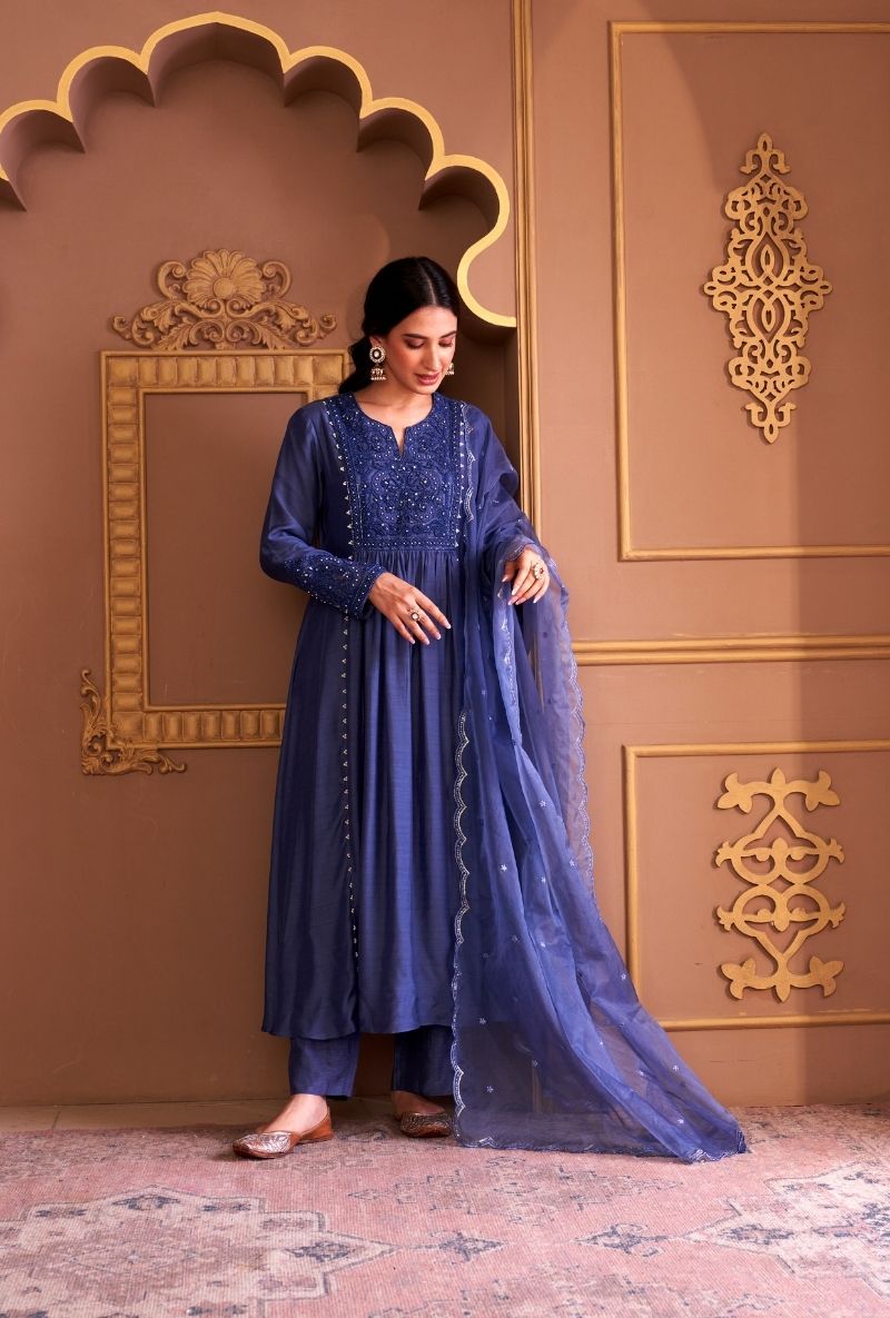 Blue Bead Yoke Rasia Kurta Set