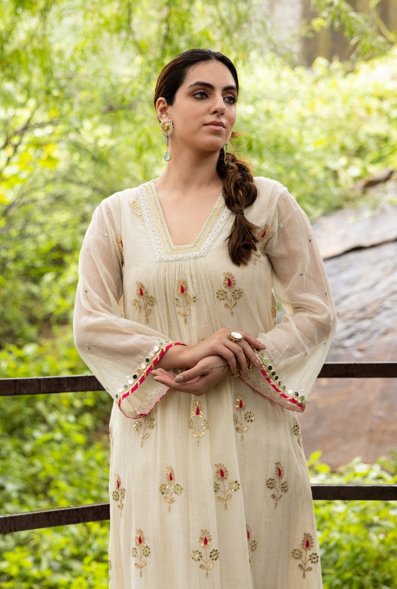 Ivory Gota And Resham Kurta Set