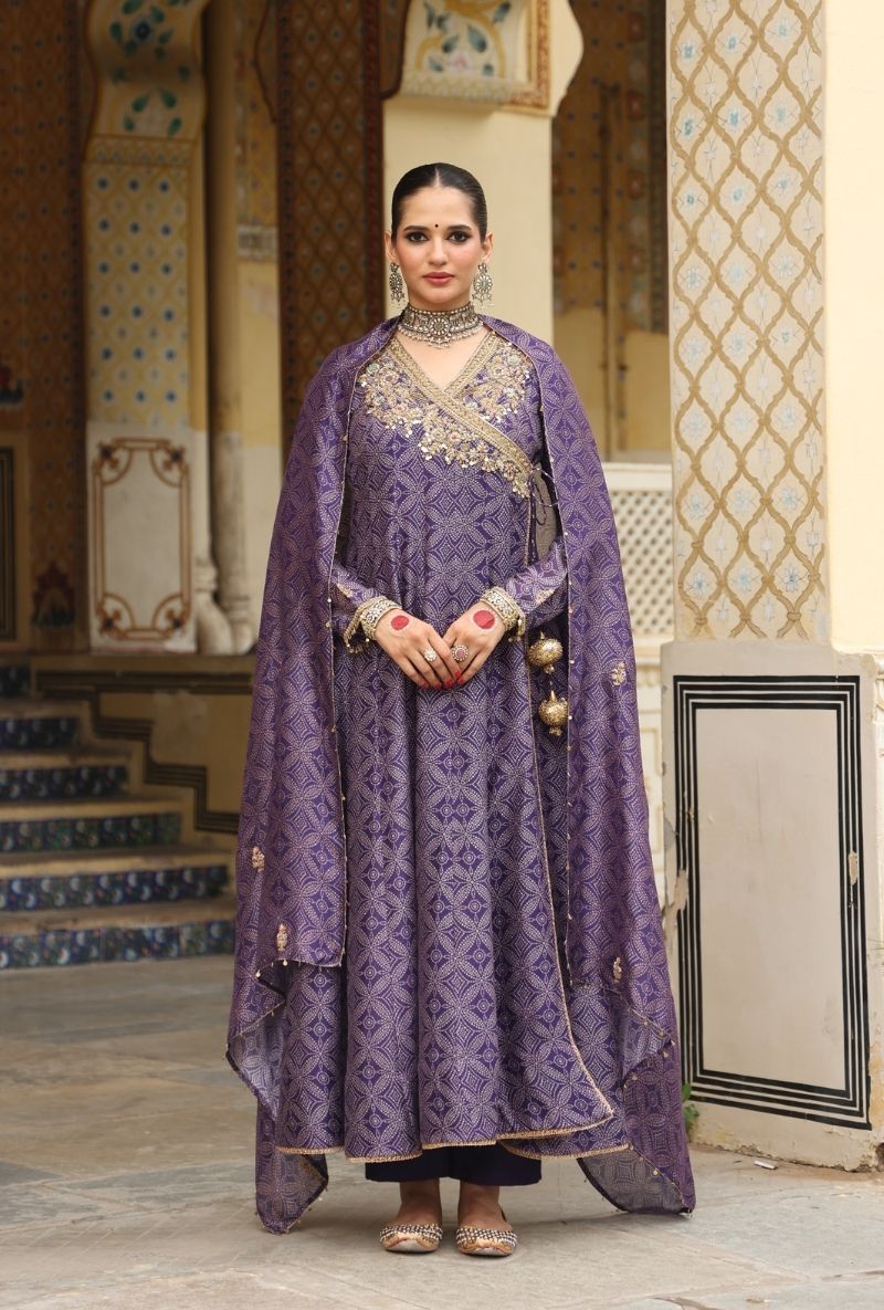 Purple Printed Mehfil Angrakha Set