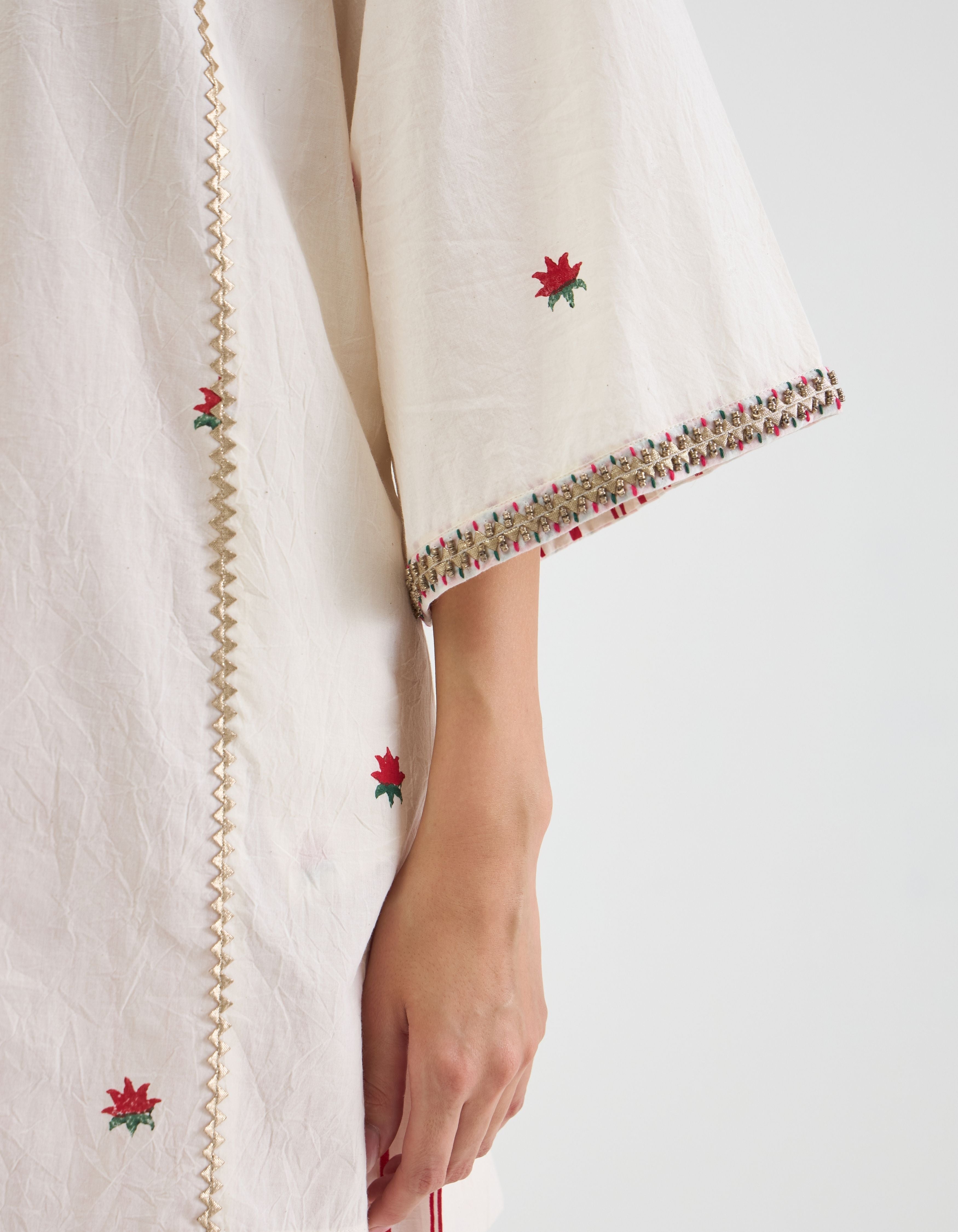 Off White Lotus And Stripe Print Sukhi Kurta Set