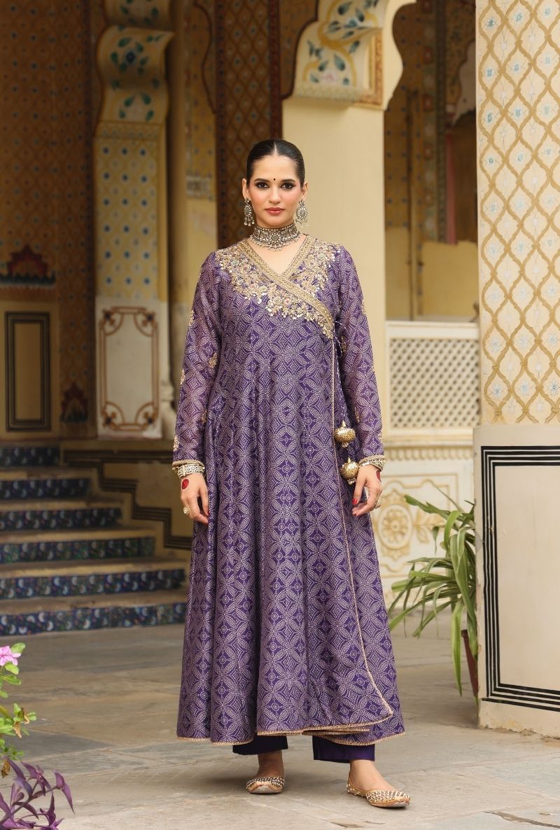 Purple Printed Mehfil Angrakha Set