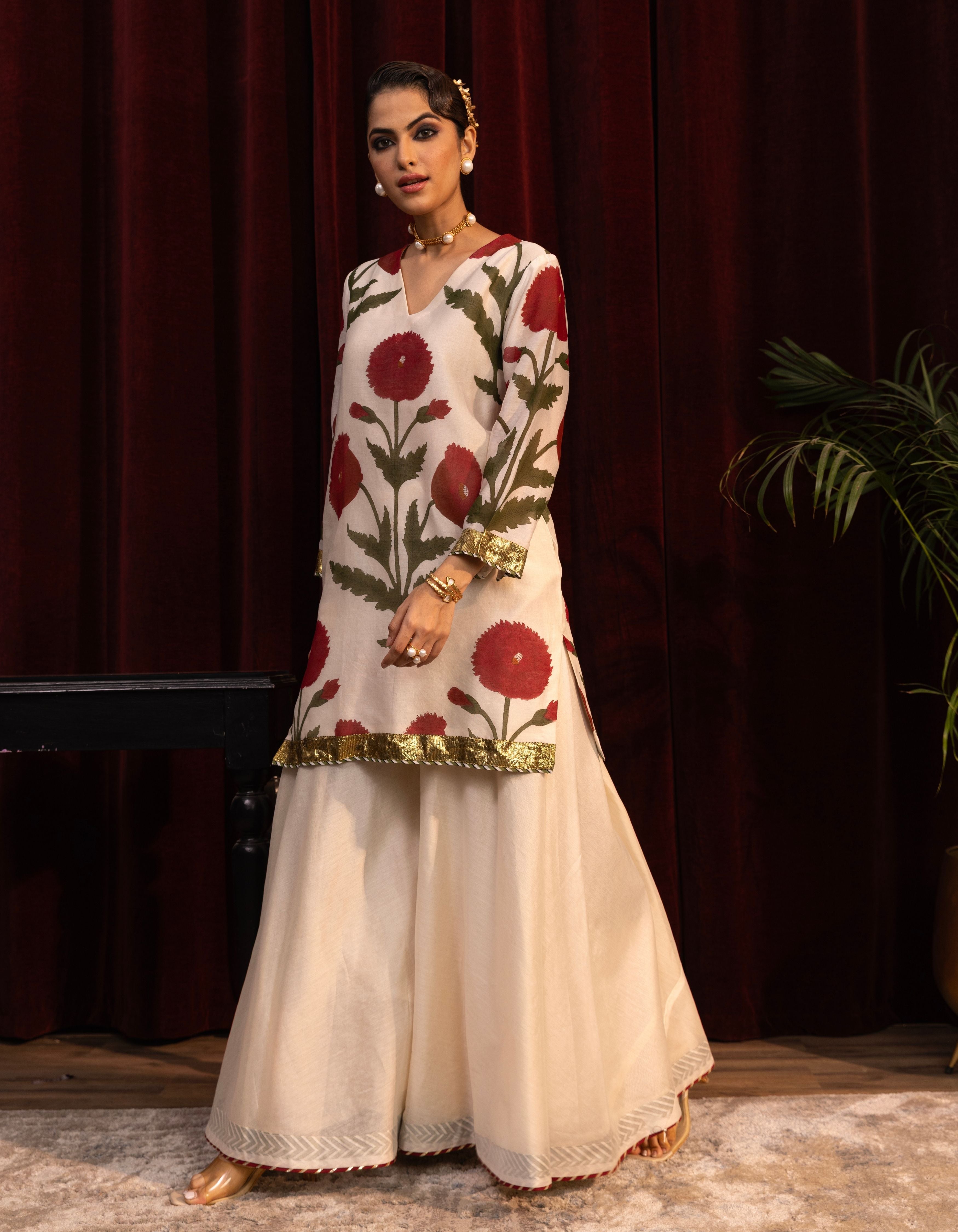 Ivory Poppy Block Print Mogra Sharara Set
