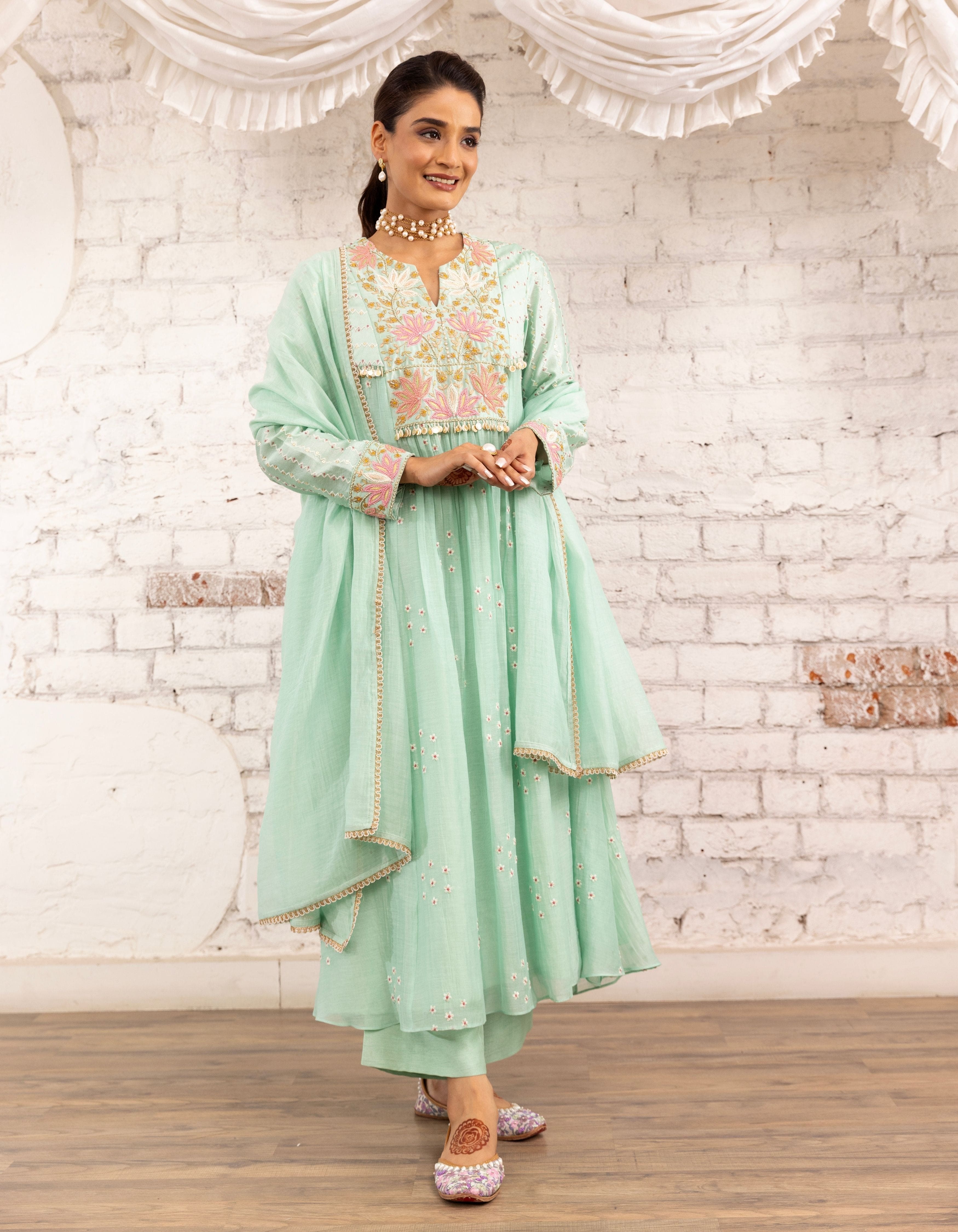 Aqua Lotus Yoke Noor Anarkali Kurta Set