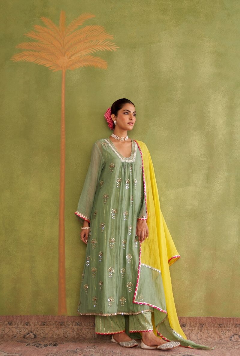 Sage Green Square Neck Morbagh Kurta Set