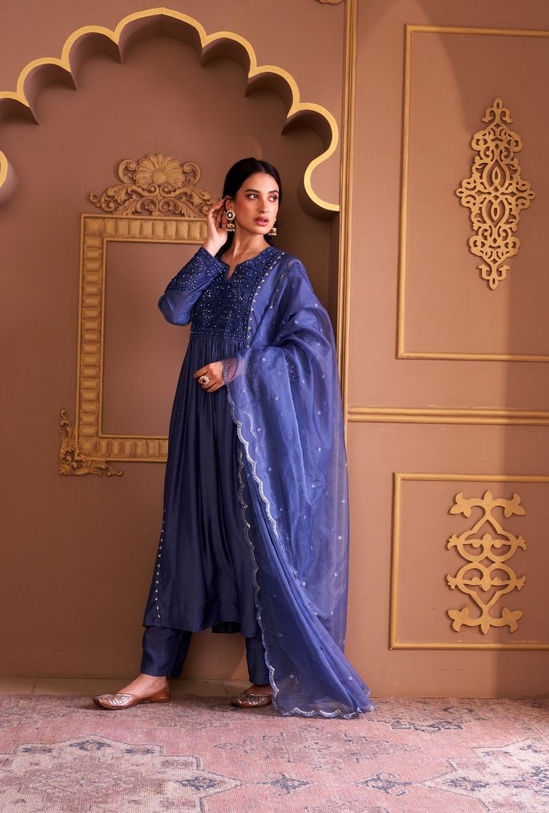 Blue Bead Yoke Rasia Kurta Set