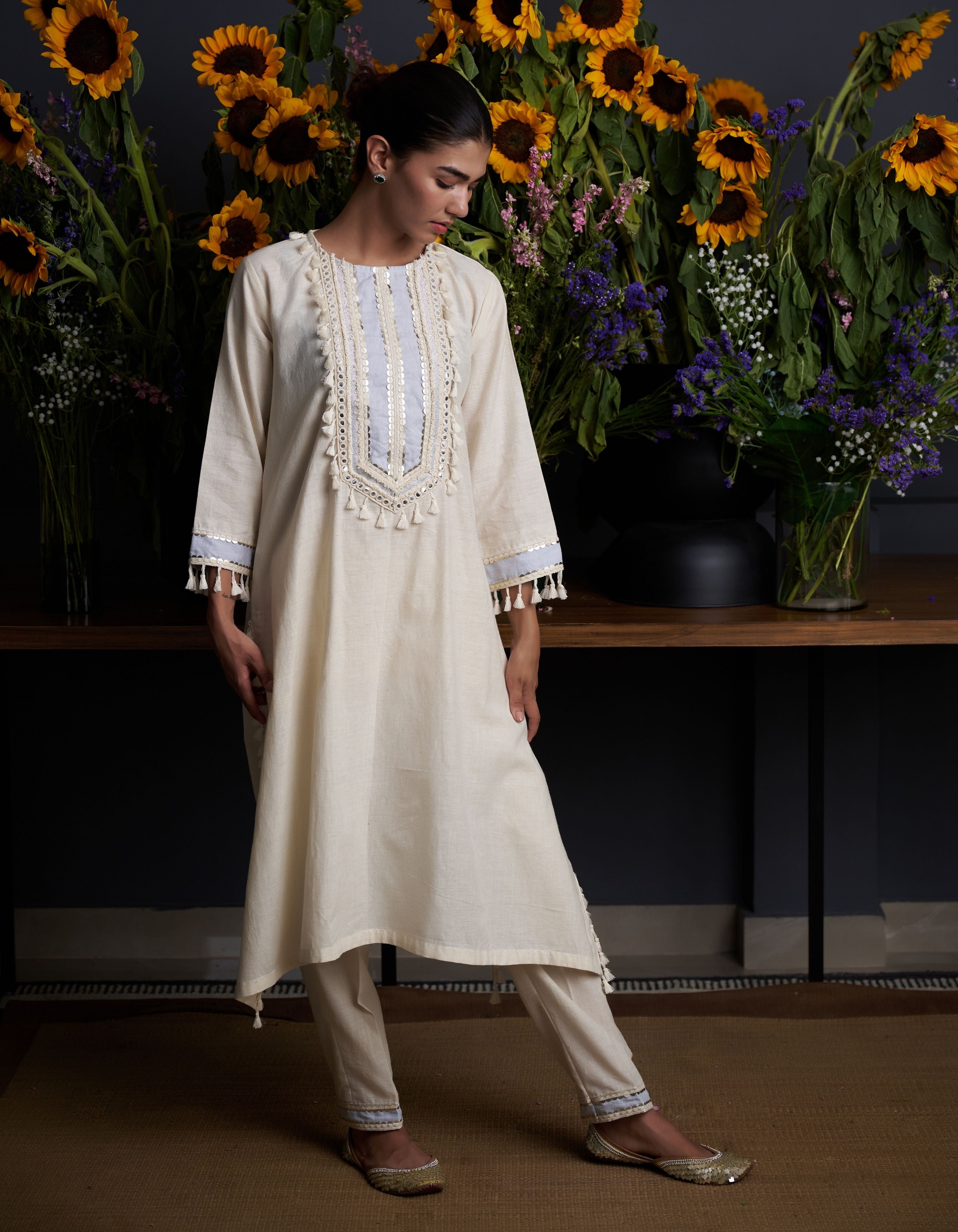 Beige Long Mirror Work Yoke Kavya Nadia Kurta Set