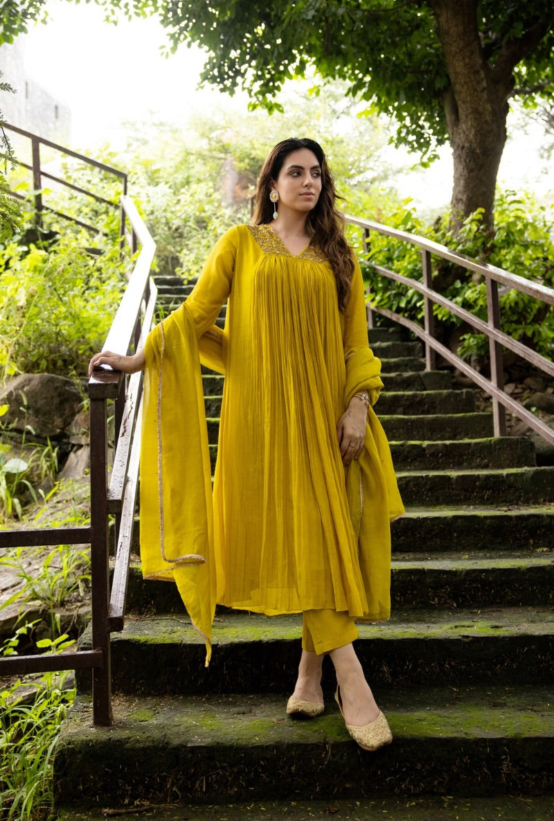 Yellow Front Pleat Kurta Set