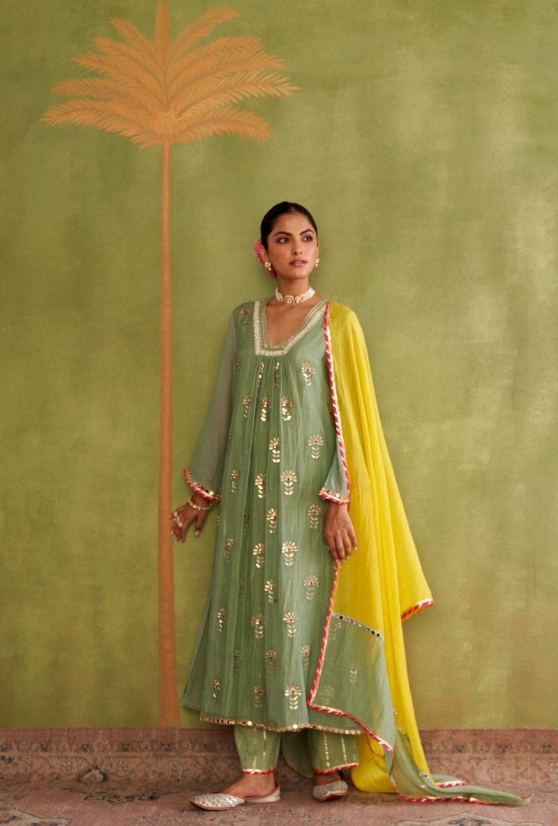 Sage Green Square Neck Morbagh Kurta Set
