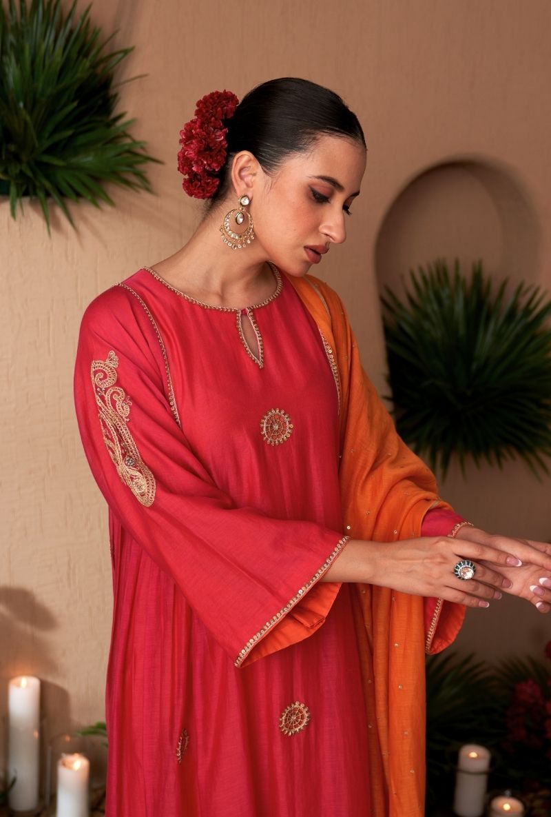 Rani Pink Contrast Lining Square Sleeve Naveli Kurta Set