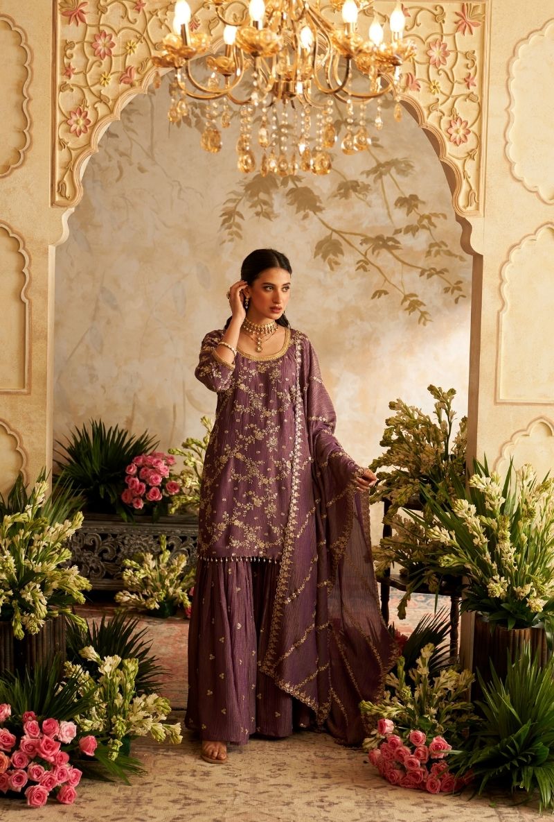 Purple Embroidered Rumi Gharara Set