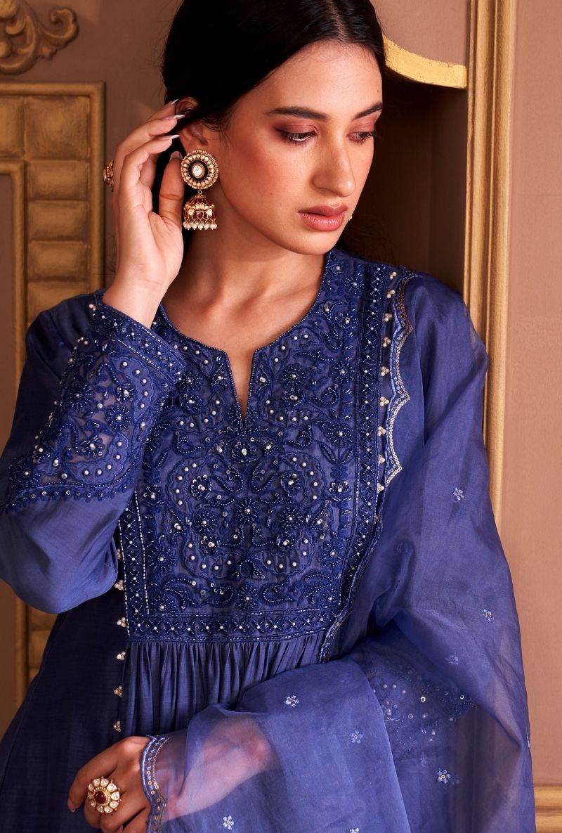 Blue Bead Yoke Rasia Kurta Set