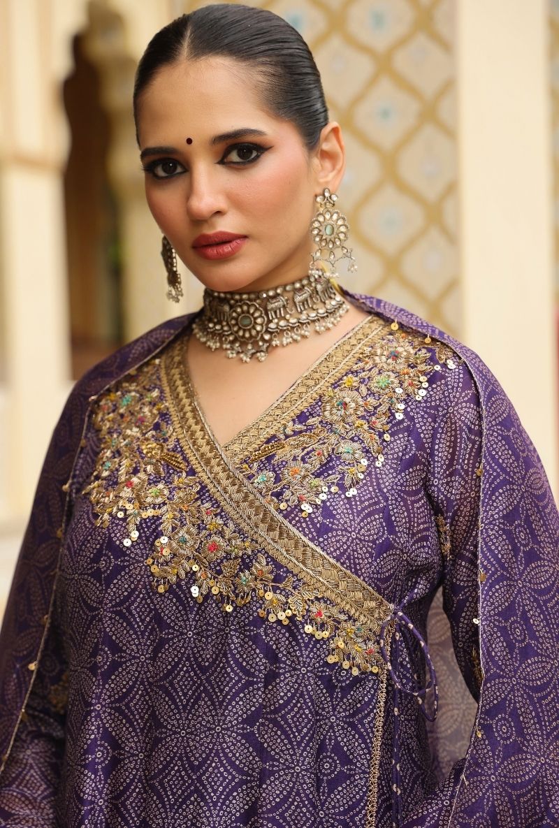 Purple Printed Mehfil Angrakha Set