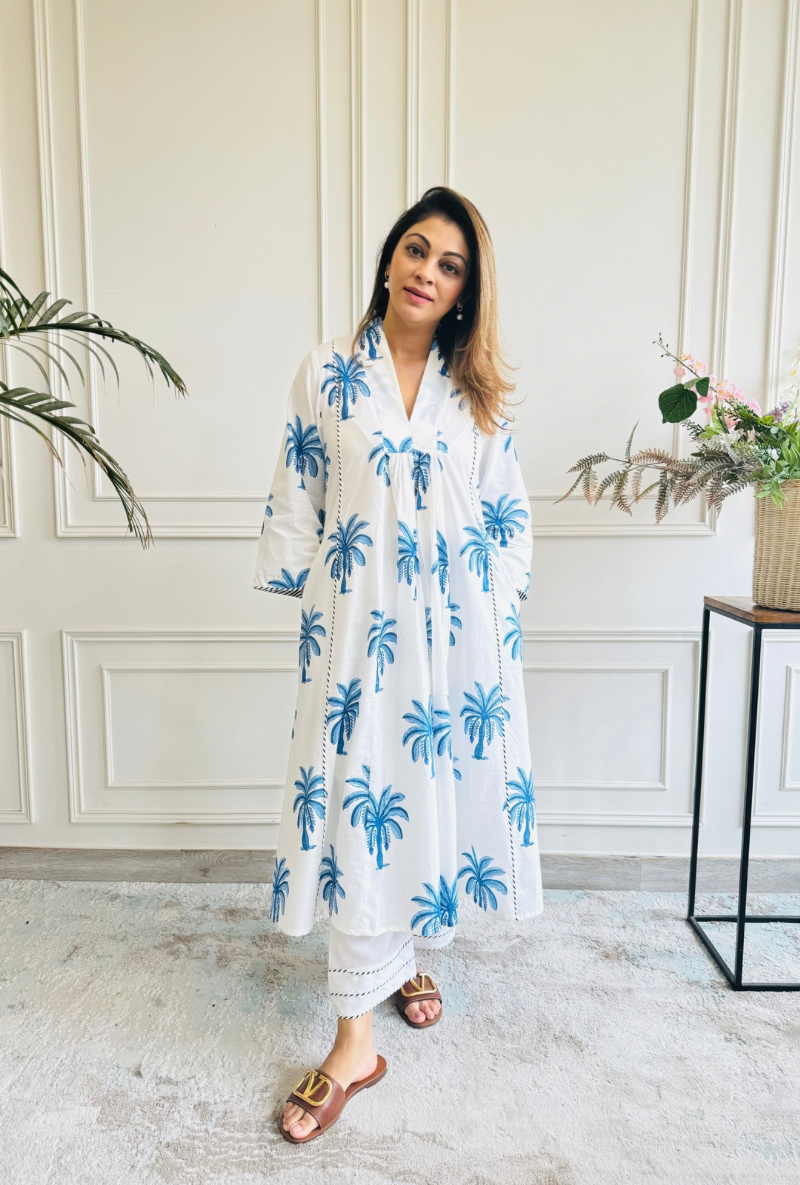 Meghna Nayyar In White Palm Tree Print Marigold Kurta Set