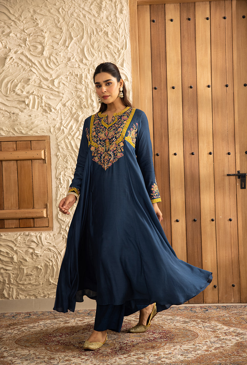 Blue Mughal Yoke Masakali Kurta Set