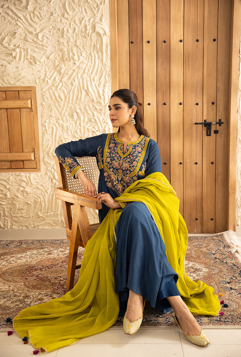 Blue Mughal Yoke Masakali Kurta Set