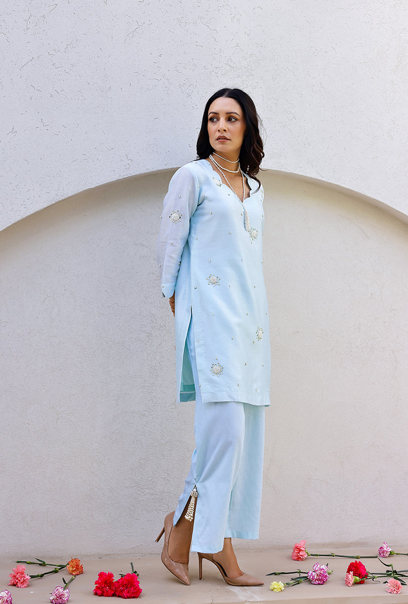 Blue Scalloped Pearl Embroidered Magnolia Short Kurta Set