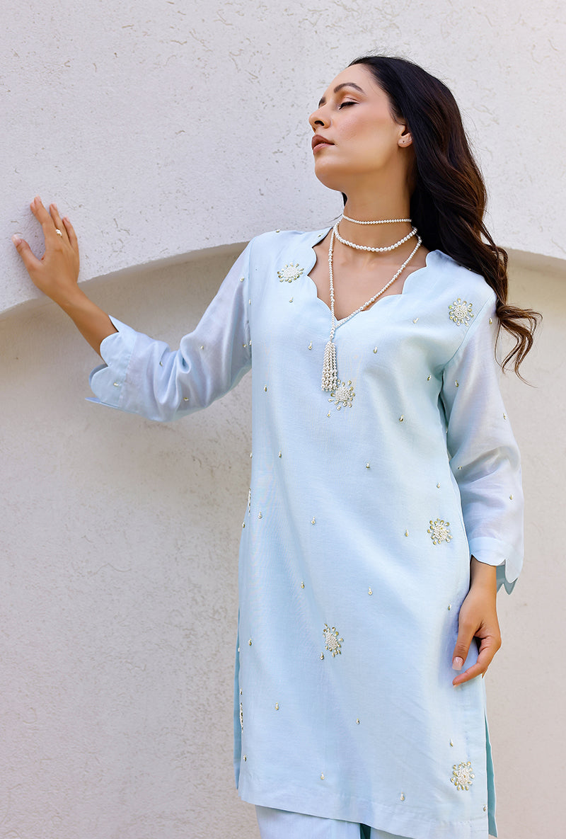 Blue Scalloped Pearl Embroidered Magnolia Short Kurta Set