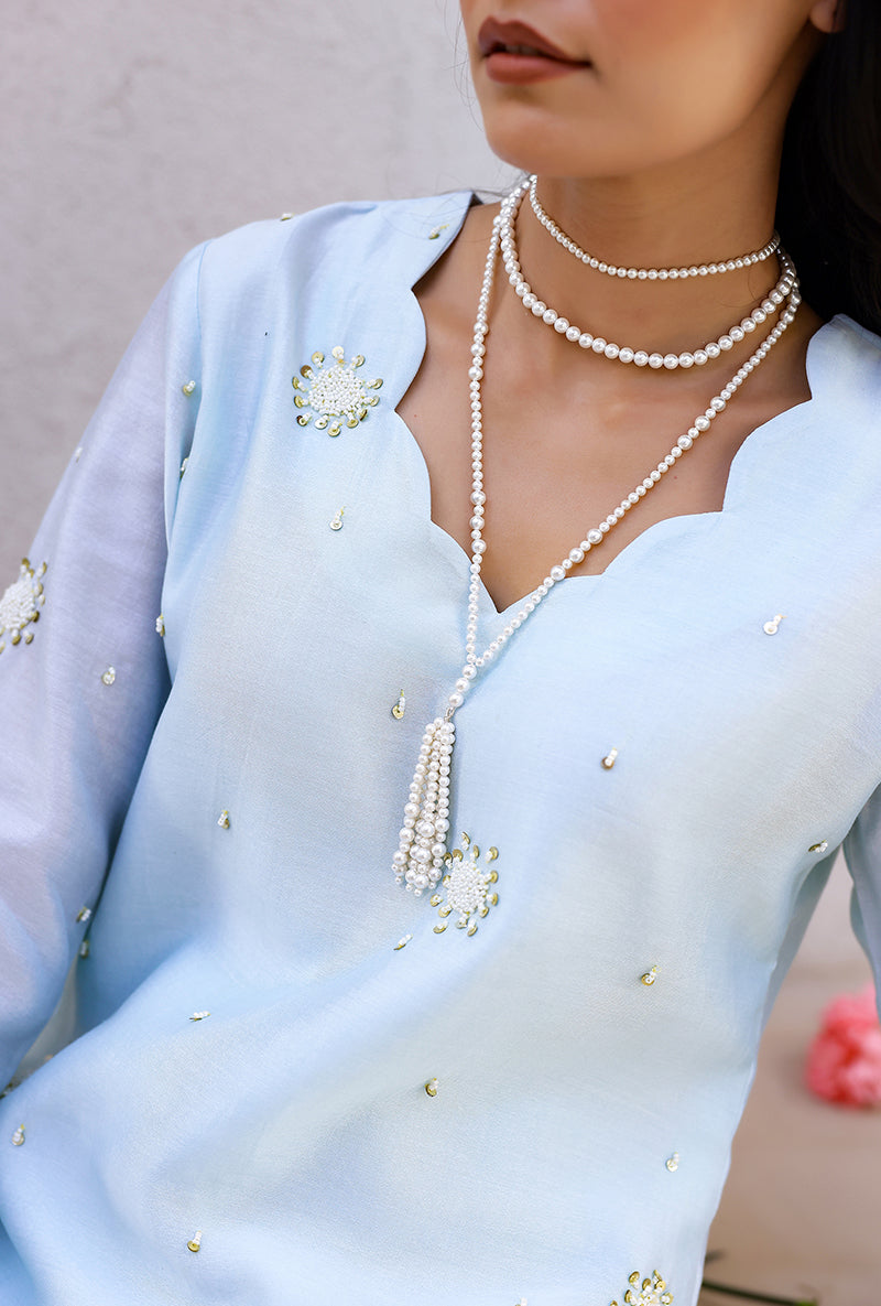 Blue Scalloped Pearl Embroidered Magnolia Short Kurta Set