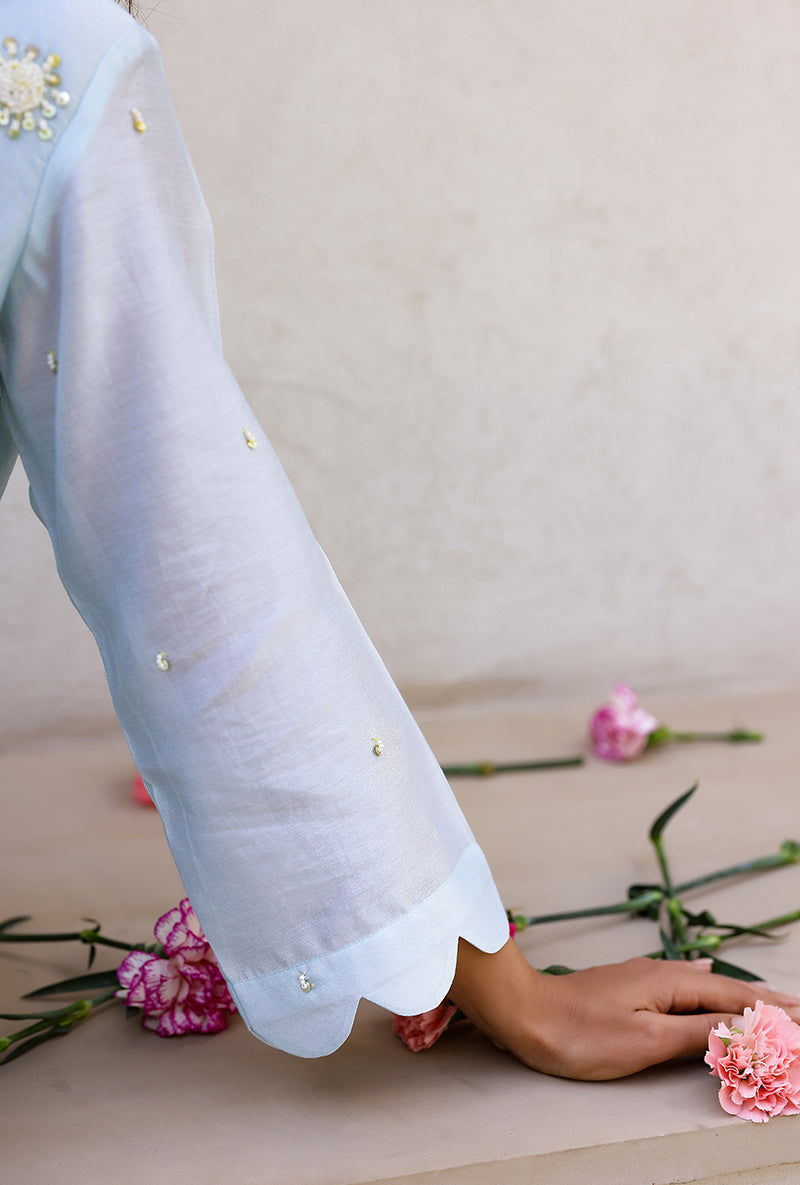 Blue Scalloped Pearl Embroidered Magnolia Short Kurta Set