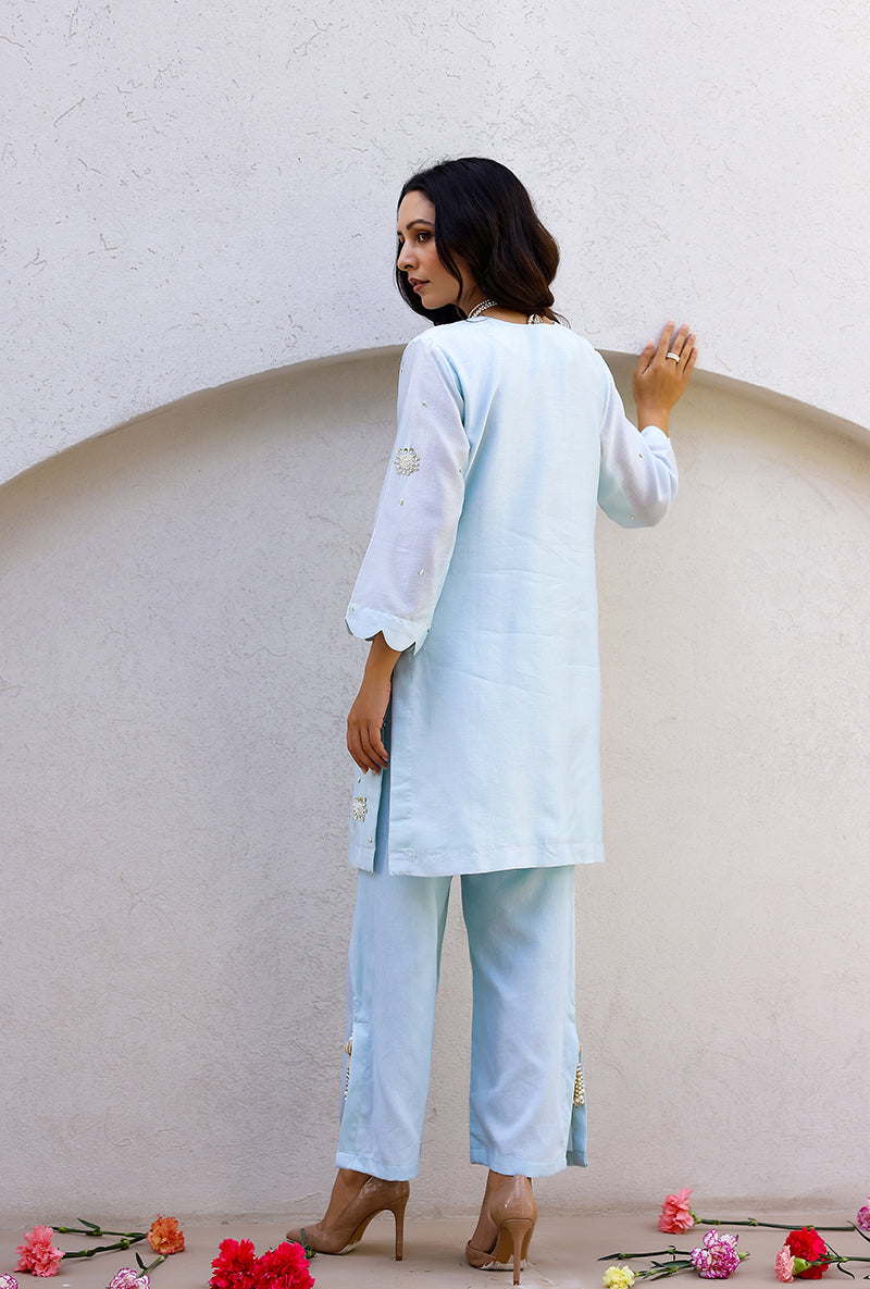 Blue Scalloped Pearl Embroidered Magnolia Short Kurta Set