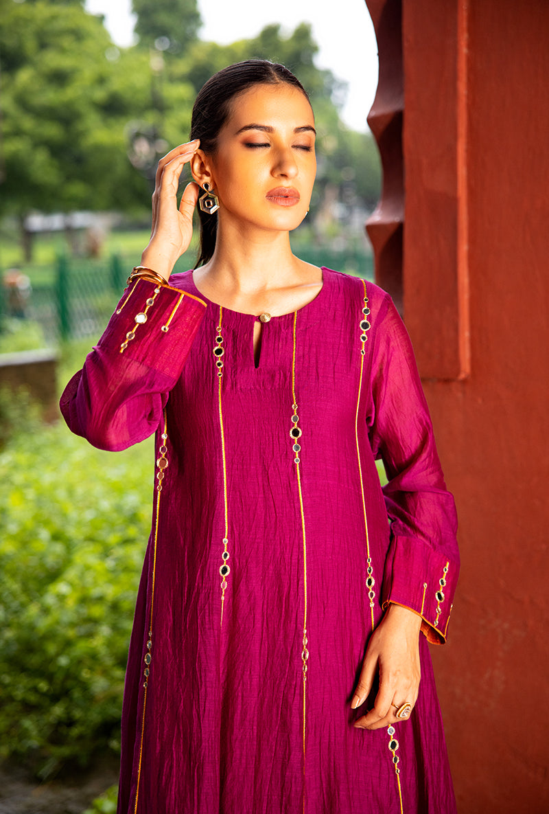 Burgundy Stripe Mirror Work Dor Kurta Set