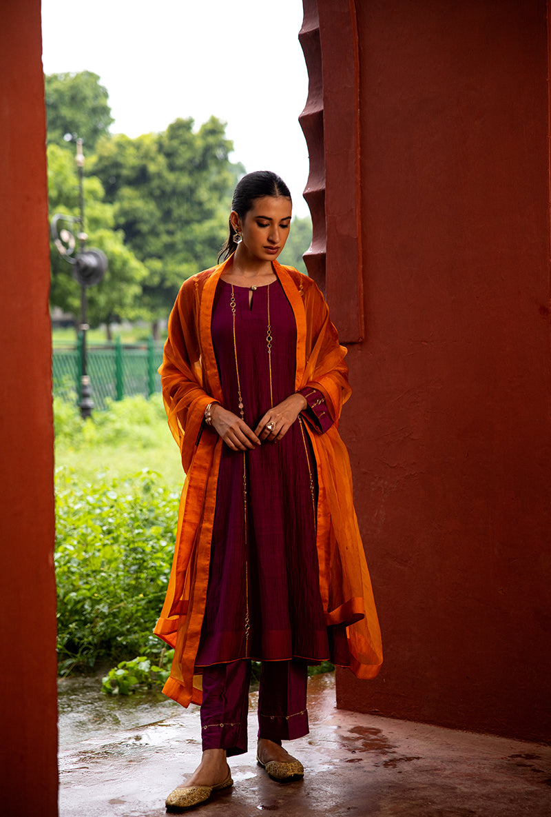 Burgundy Stripe Mirror Work Dor Kurta Set