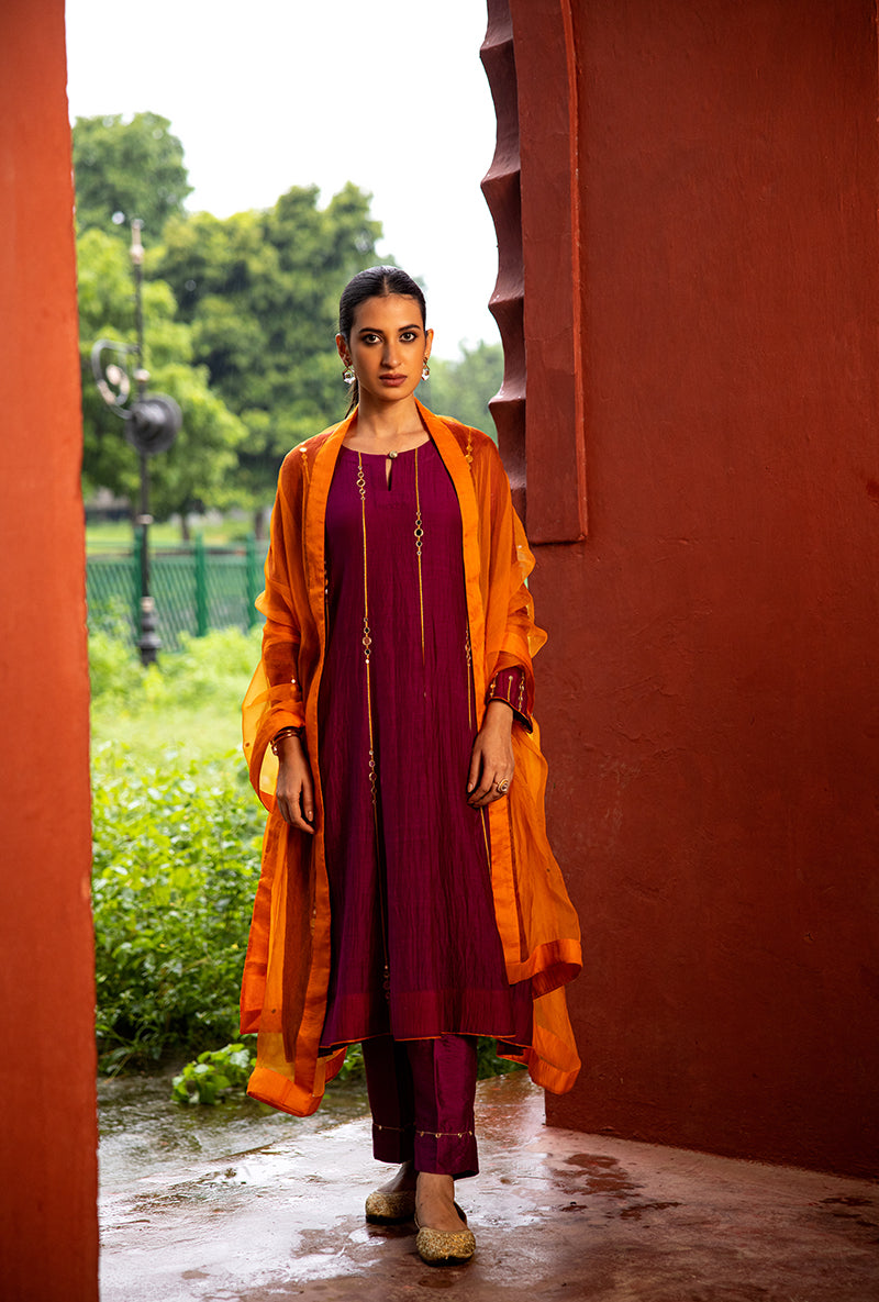 Burgundy Stripe Mirror Work Dor Kurta Set