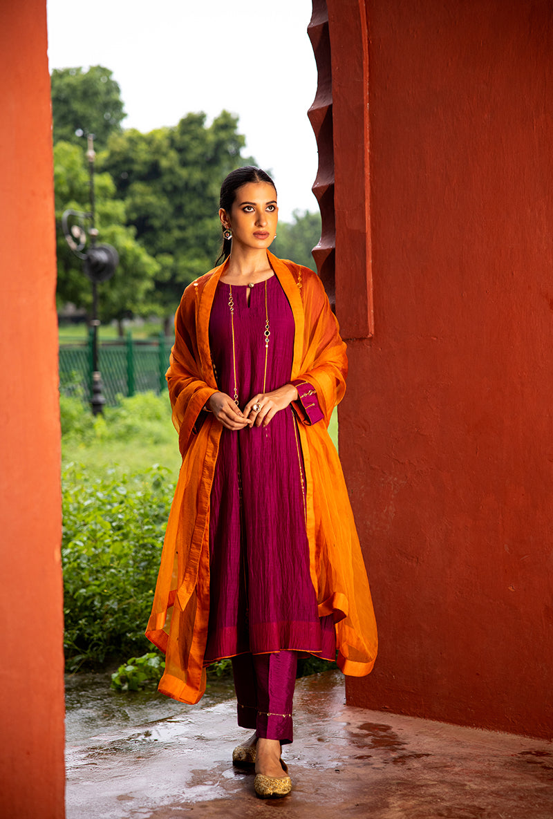 Burgundy Stripe Mirror Work Dor Kurta Set