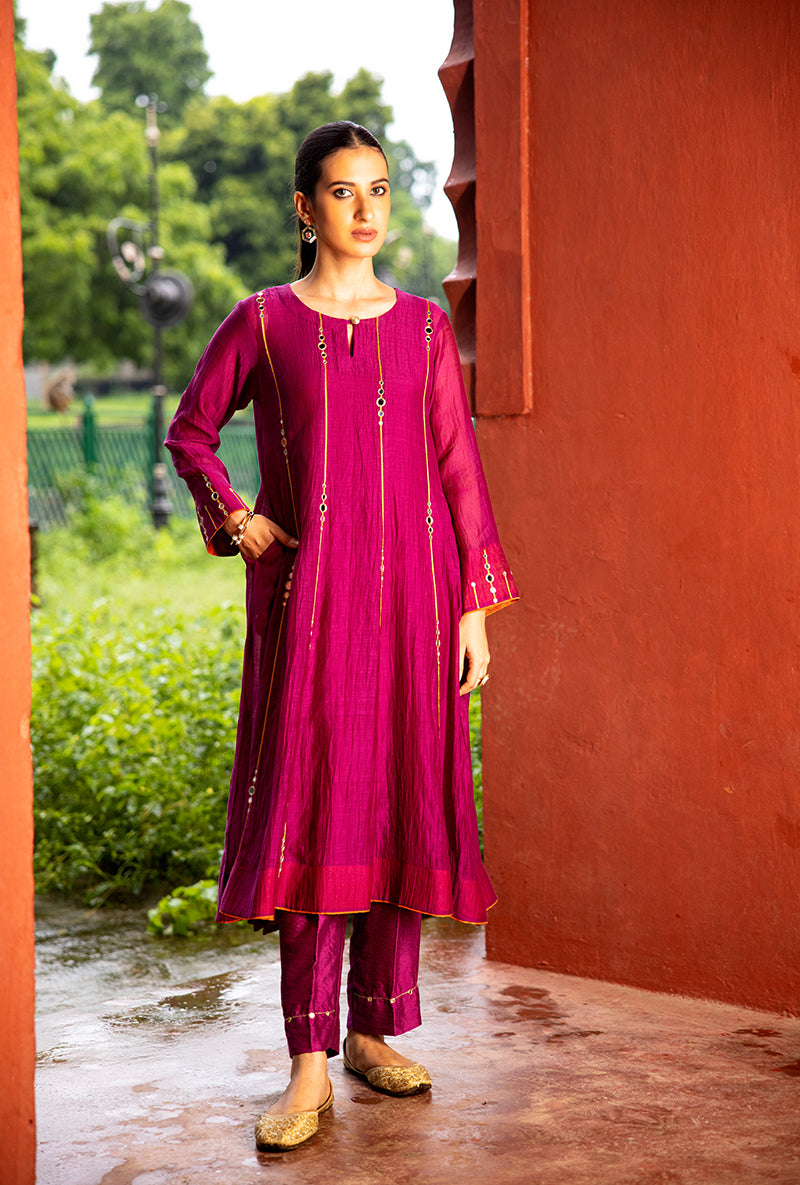 Burgundy Stripe Mirror Work Dor Kurta Set