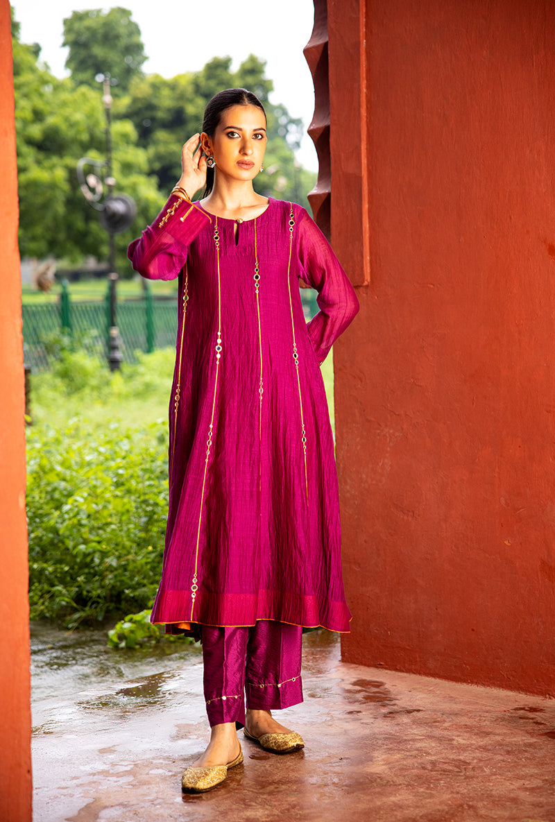 Burgundy Stripe Mirror Work Dor Kurta Set