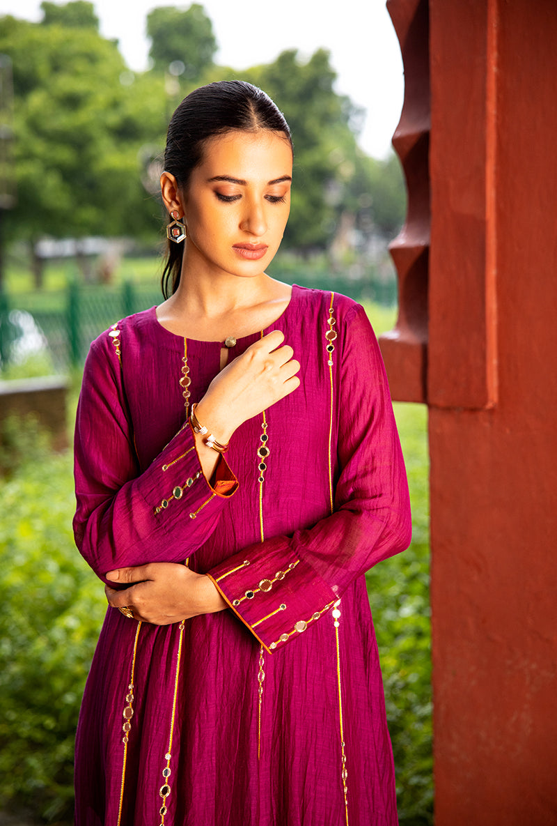 Burgundy Stripe Mirror Work Dor Kurta Set