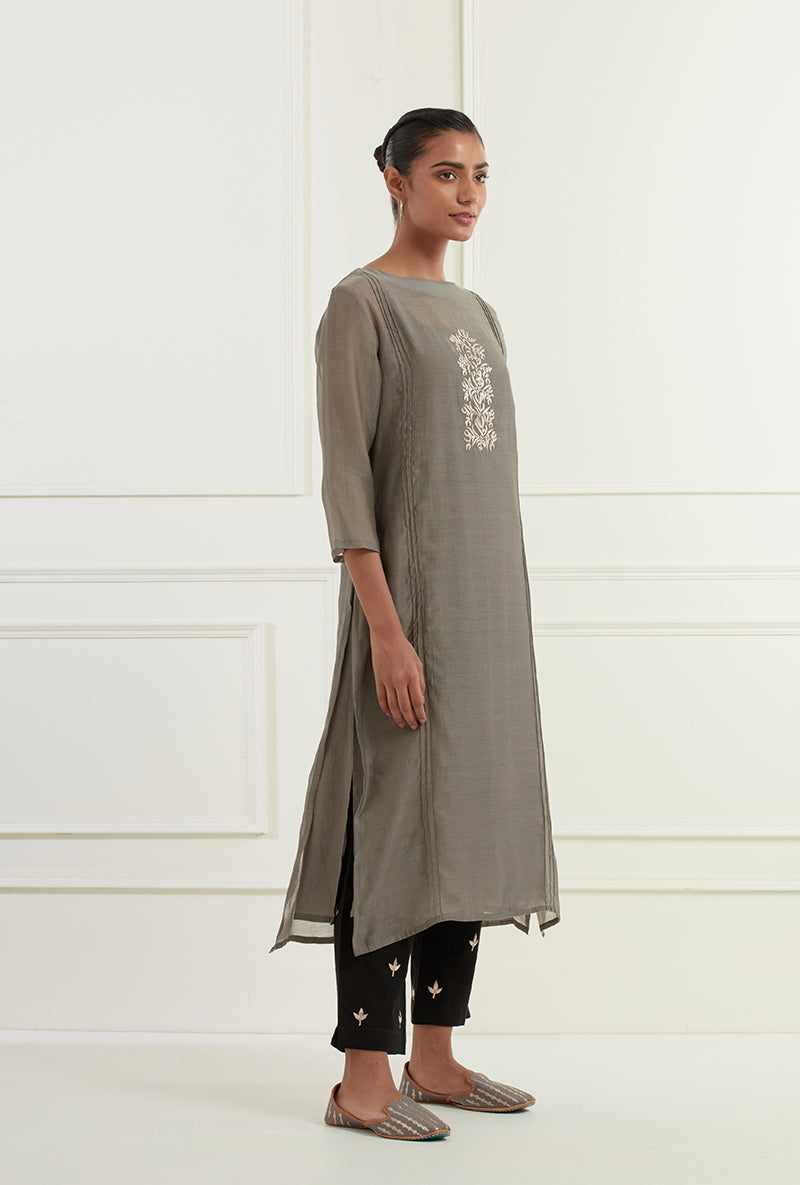 Dark Grey Embroidered Pintuck Sehar Kurta Set