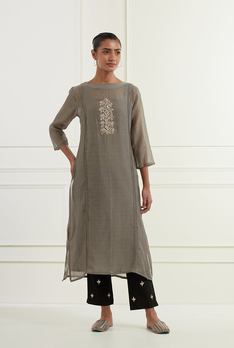 Dark Grey Embroidered Pintuck Sehar Kurta Set