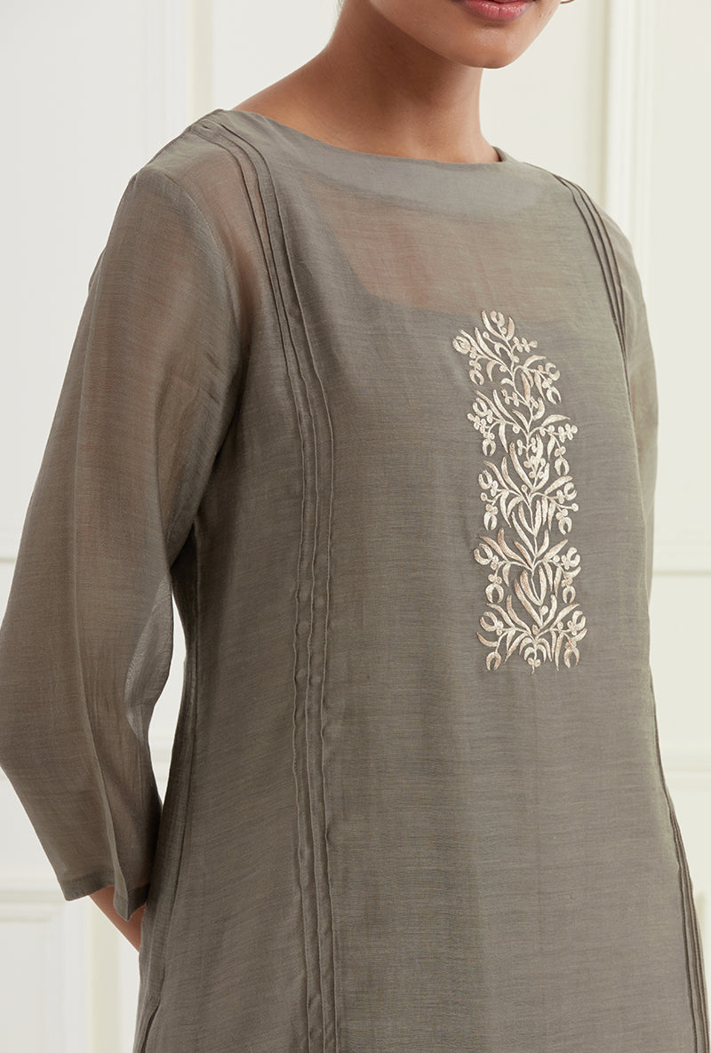 Dark Grey Embroidered Pintuck Sehar Kurta Set