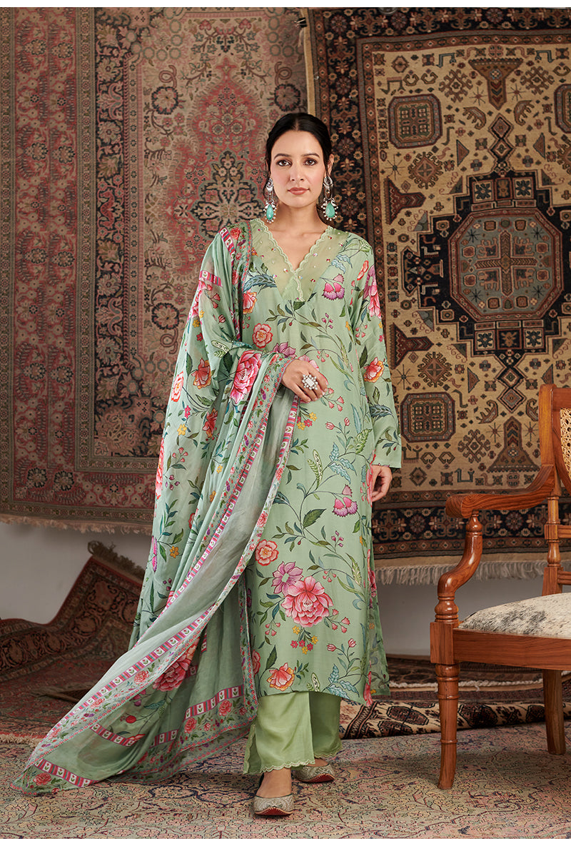 Mint Green Floral Print Aalam Kurta Set