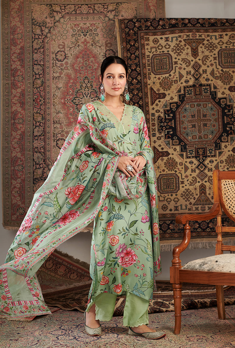 Mint Green Floral Print Aalam Kurta Set