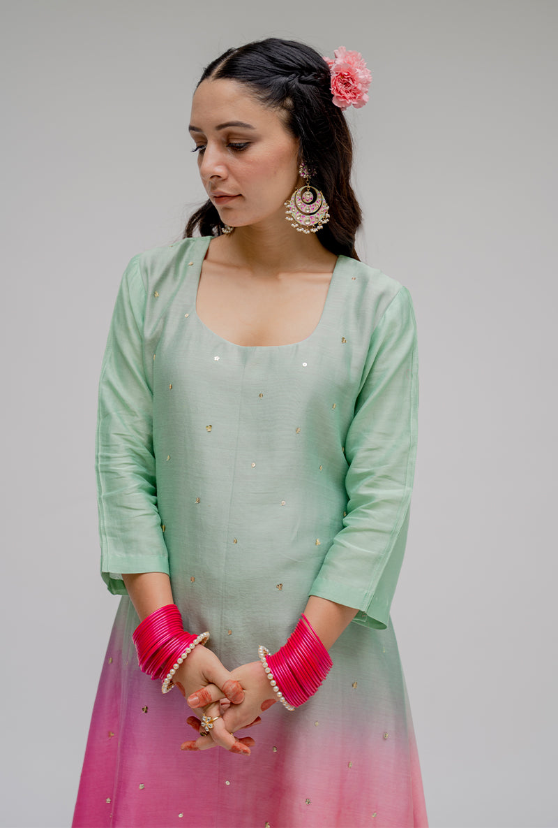 Mint Ombre Asymmetric Nyra Kurta Set