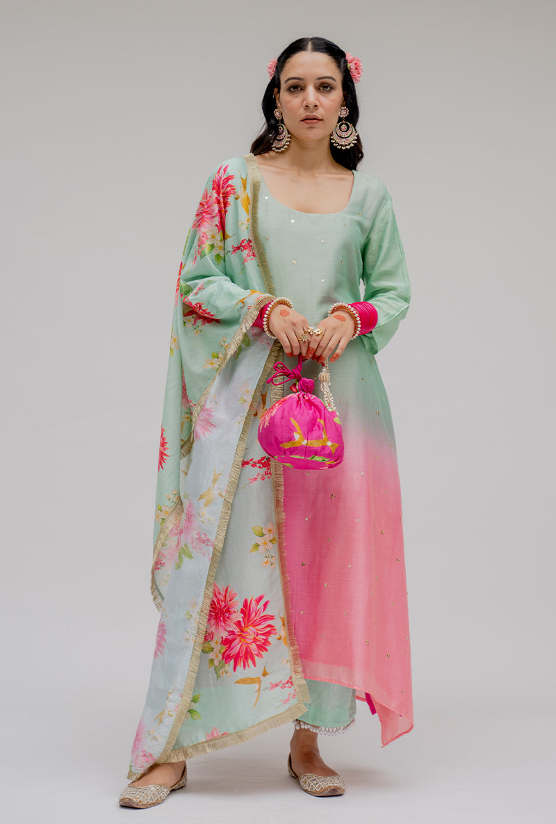 Mint Ombre Asymmetric Nyra Kurta Set