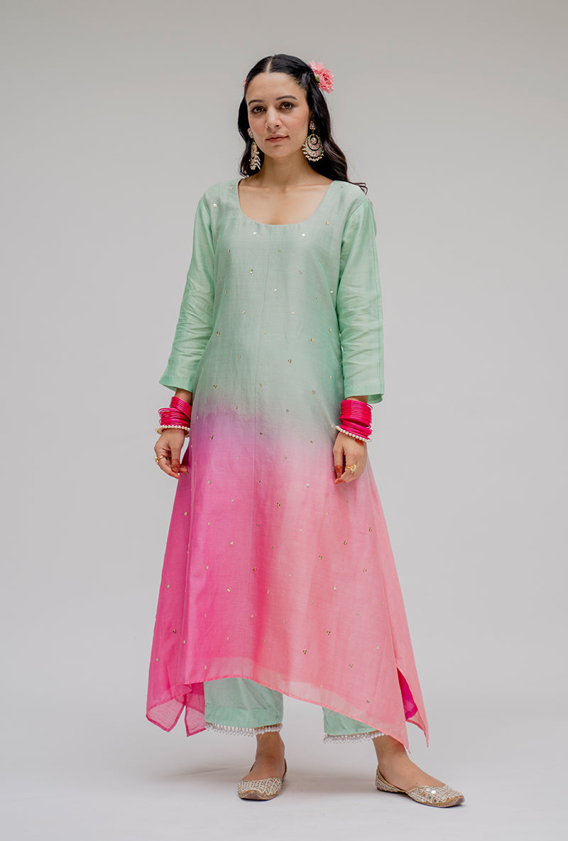 Mint Ombre Asymmetric Nyra Kurta Set