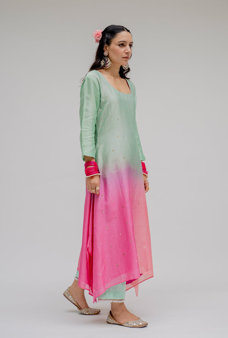 Mint Ombre Asymmetric Nyra Kurta Set