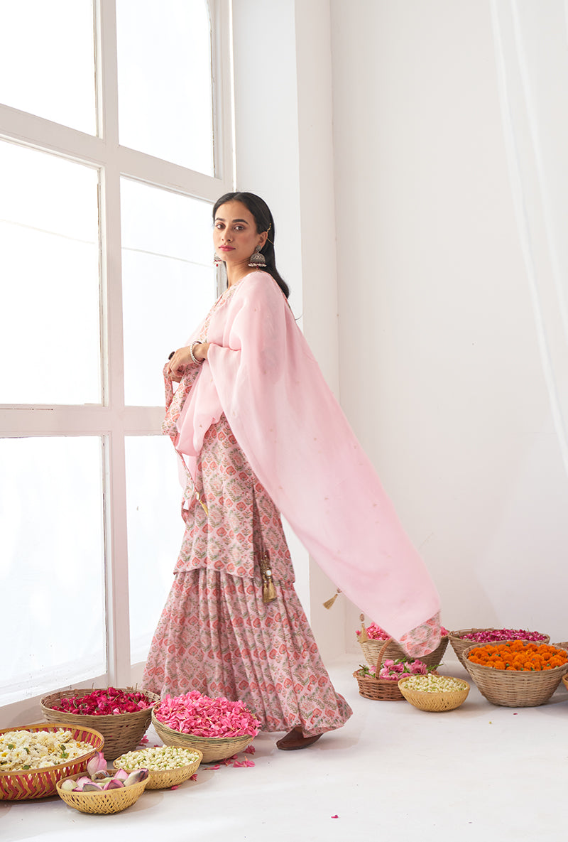Powder Pink Printed Short Kurta Iris Gharara Set