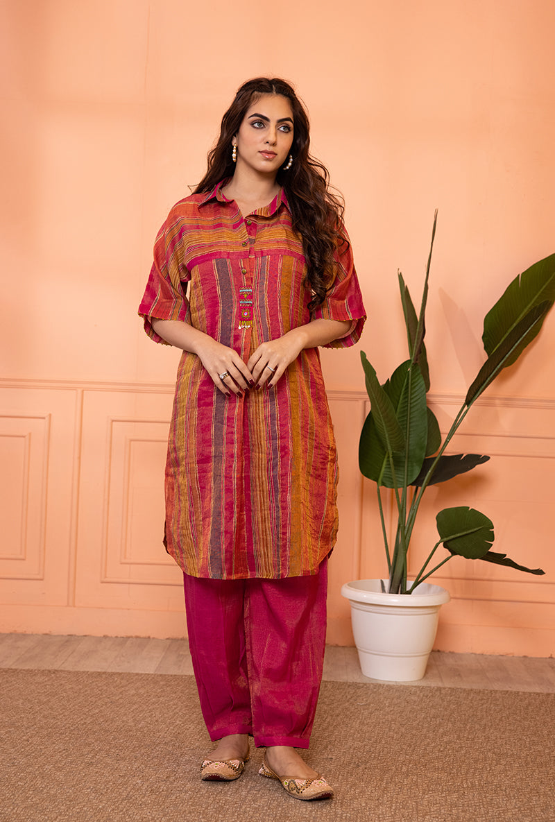 Pink Anti Fit Stripe Sia Kurta Set