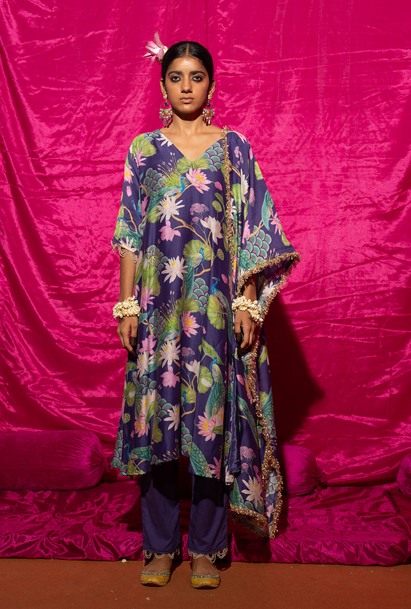 Purple Printed Long Kamli Kurta Set