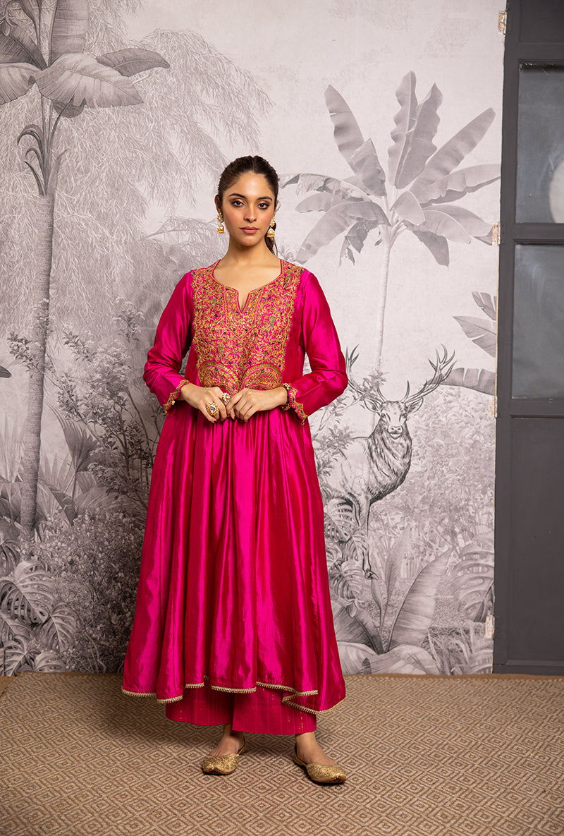 Rani Pink Bird Embroidered Shaheen Front Pleat Kurta Set