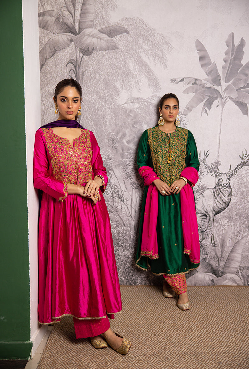 Rani Pink Bird Embroidered Shaheen Front Pleat Kurta Set
